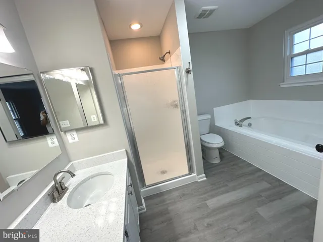 a bathroom with a sink a toilet a tub and a mirror