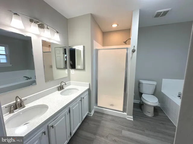 a bathroom with a double vanity sink toilet and mirror