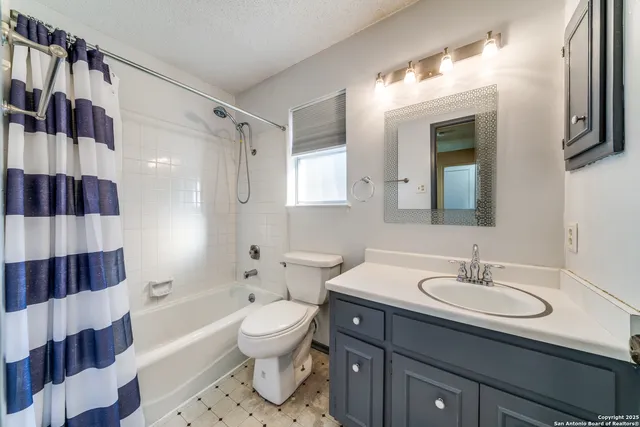 a bathroom with a sink a toilet a shower curtain and a mirror