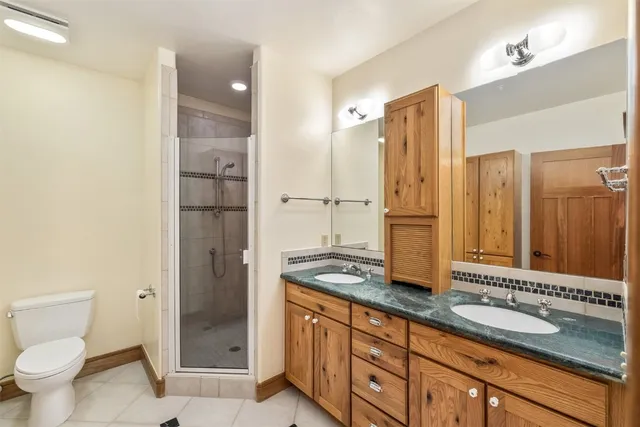 a bathroom with a granite countertop sink toilet and shower