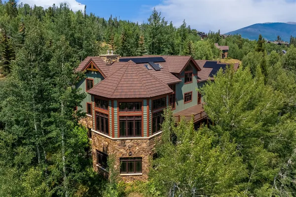 an aerial view of a house with yard and outdoor seating