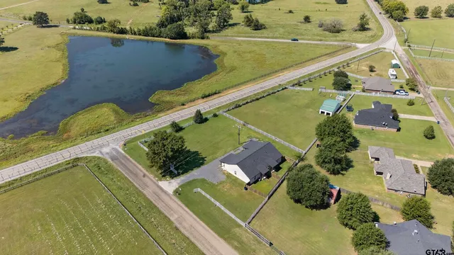 an aerial view of a swimming pool
