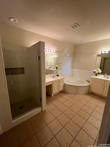 a bathroom with a sink a mirror and a shower