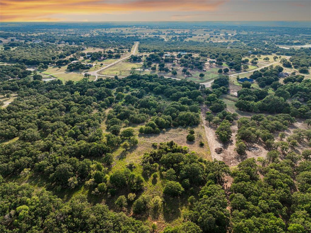 an aerial view of residential houses with outdoor space and trees