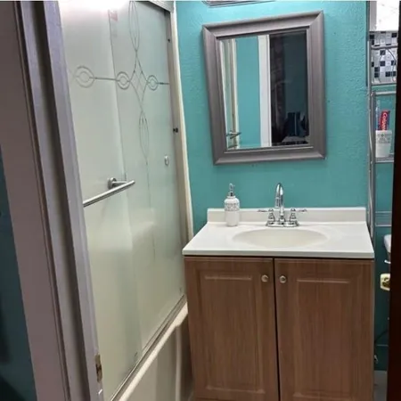 a bathroom with a sink and mirror
