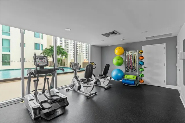 a view of a room with gym equipment