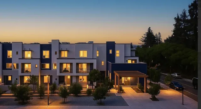 a front view of a building with street view