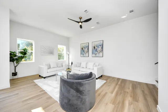 a living room with furniture and a potted plant