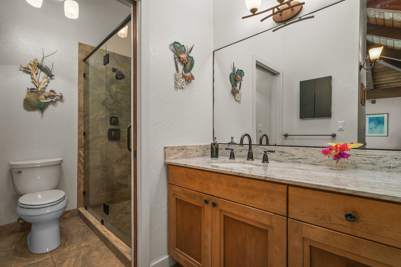 2330 Ho'ohu Road, Unit 5 Koloa, HI 96756 - Photo 15 of 28 a bathroom with a granite countertop sink a toilet and shower