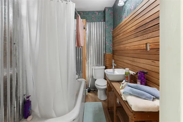 a view of a hallway with a cabinet and a yard