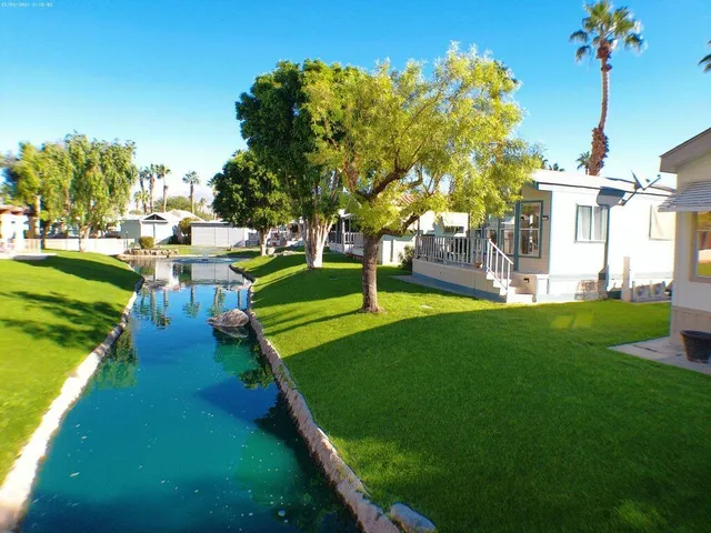 a view of a park with large trees