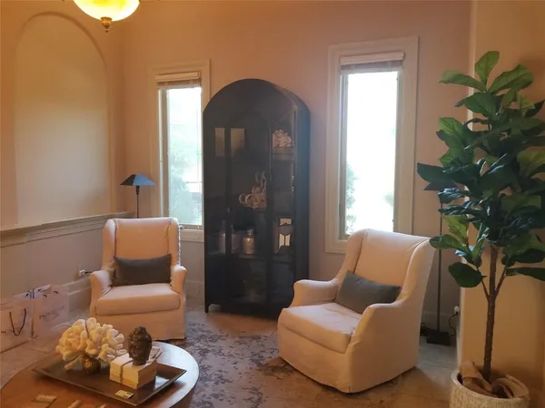 a living room with furniture and a potted plant