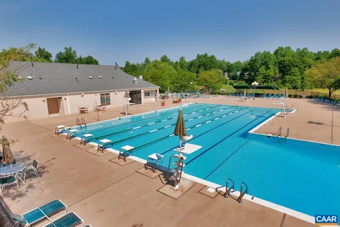 a swimming pool with lots of tress in front of it