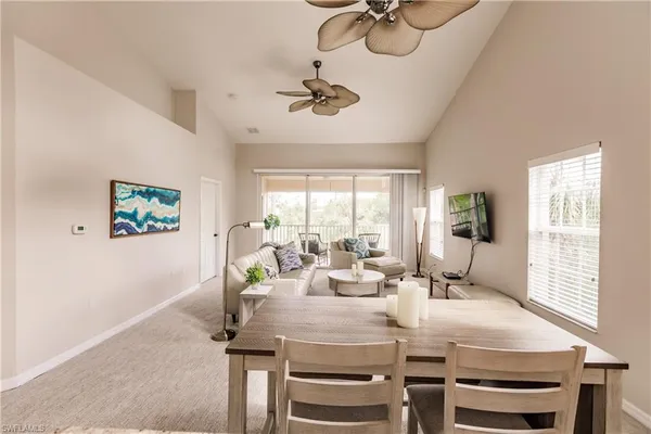 a view of a dining room with furniture window and outside view