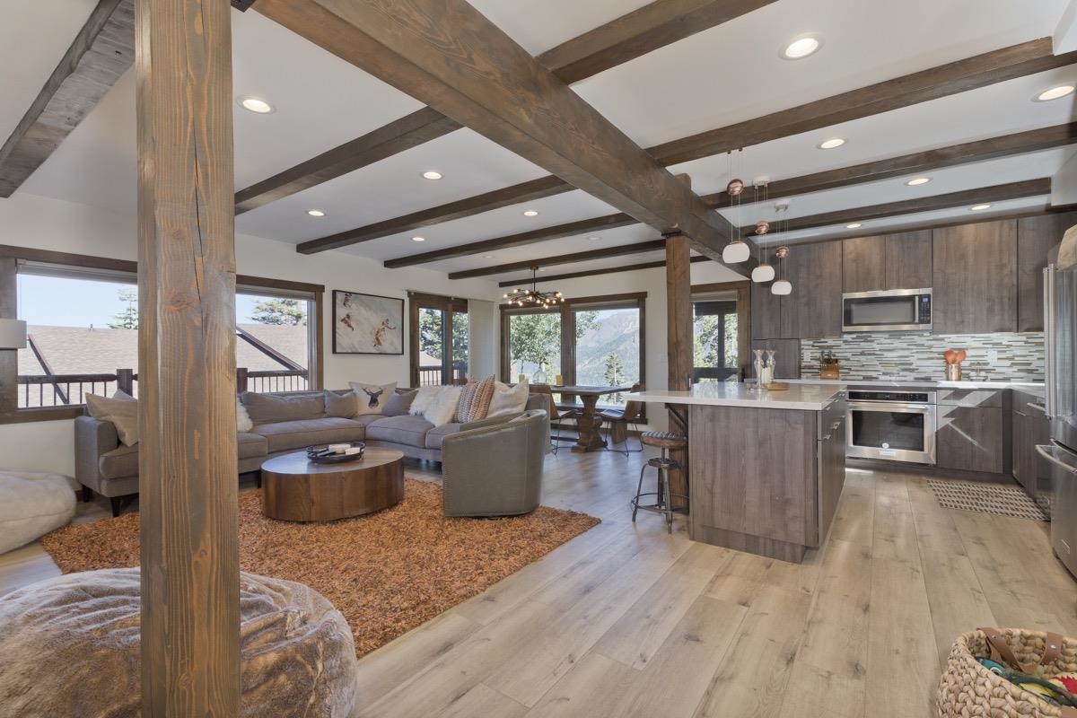670 John Muir Road, Unit 1 Mammoth Lakes, CA 93546 - Photo 3 of 50 Living room with recessed lighting, light wood finished floors, and beamed ceiling