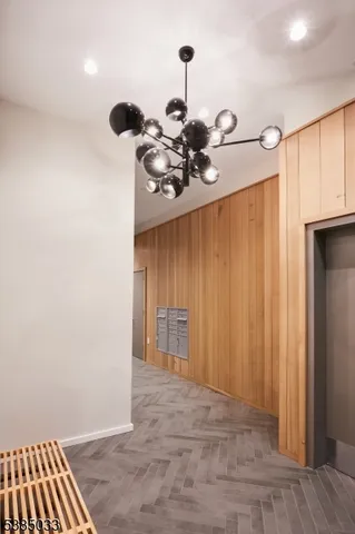 a view of a room with a chandelier