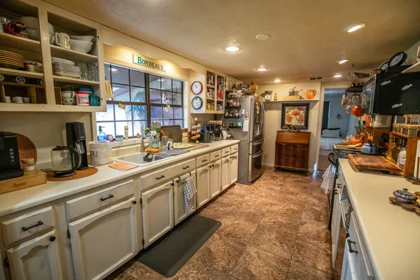 a kitchen with lots of counter top space