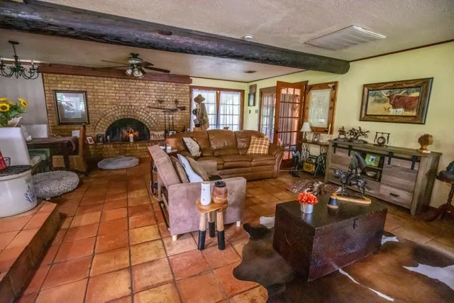 a living room with furniture a fireplace and potted plants