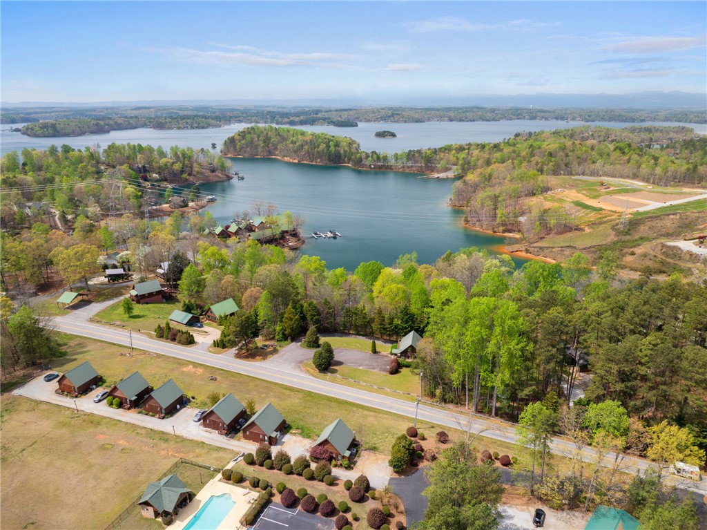 1 Kitty Hawk Lane Six Mile, SC 29682 - Photo 34 of 46 This aerial perspective showcases a vibrant community nestled by the tranquil waters of the lake.