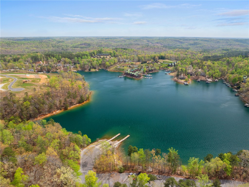 1 Kitty Hawk Lane Six Mile, SC 29682 - Photo 39 of 46 This aerial view showcases a vibrant lake surrounded by lush green forests, offering serene waterfront living.