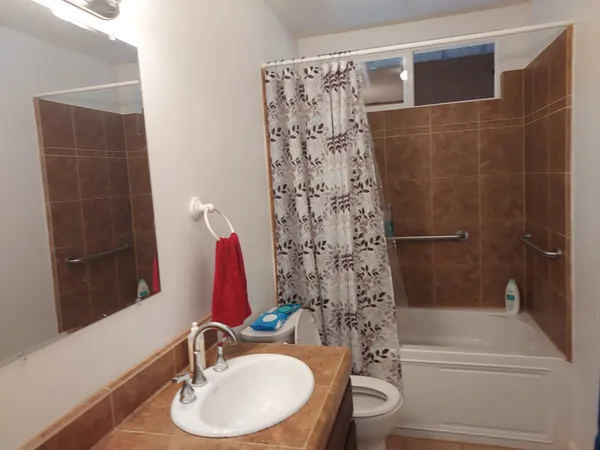 a bathroom with a sink toilet and shower