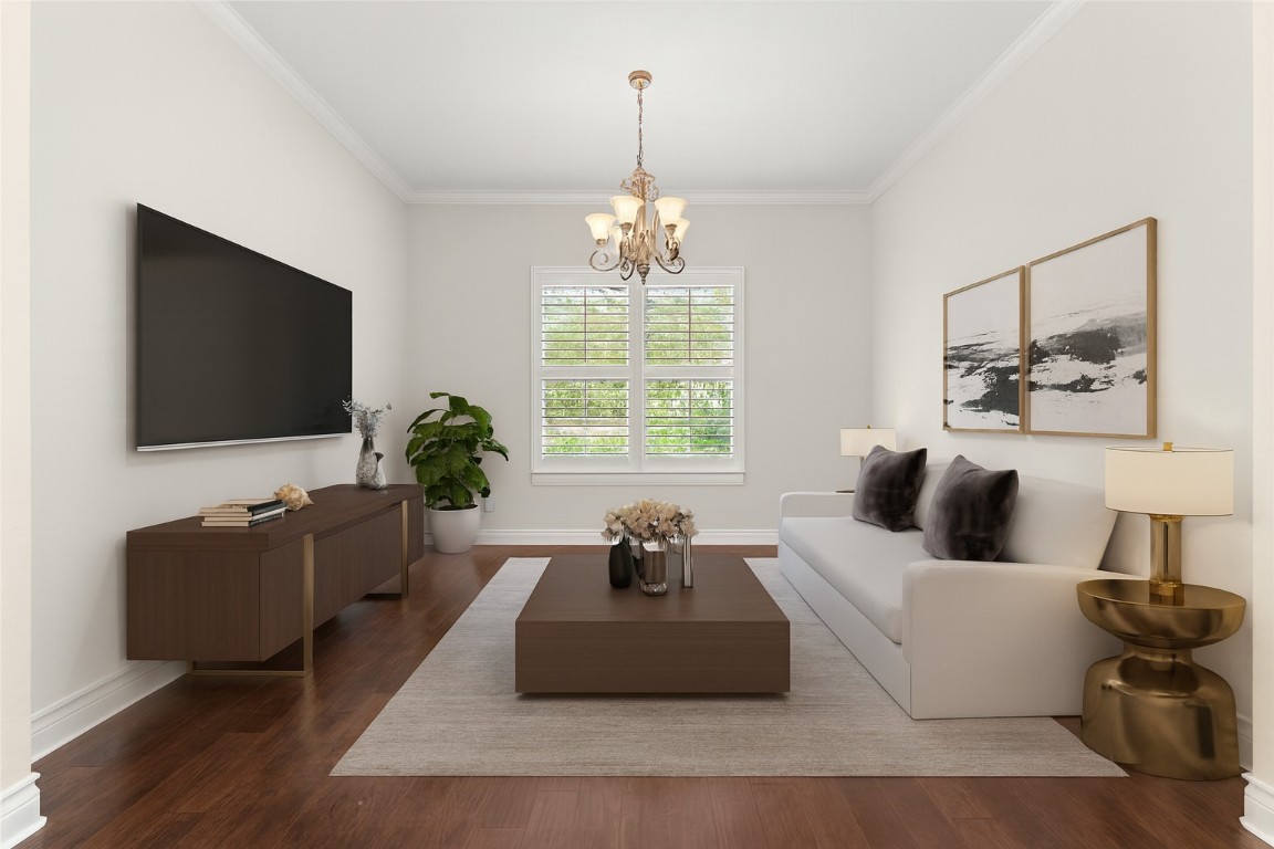 404 Amiata Avenue, Unit 34 Austin, TX 78734 - Photo 6 of 35 Here is the sitting area adjacent to the primary bedroom. Multi use room currently used as a living space, virtually staged.