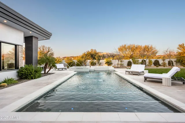 a view of a swimming pool with outdoor seating and plants