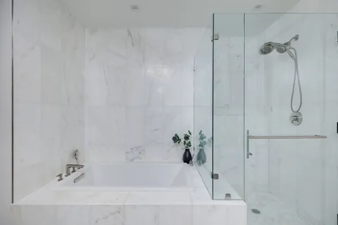a bathroom with a bathtub