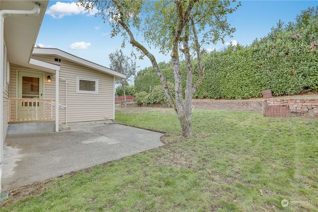 a view of backyard of house and trees
