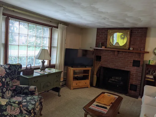 a living room with furniture a flat screen tv and a fireplace