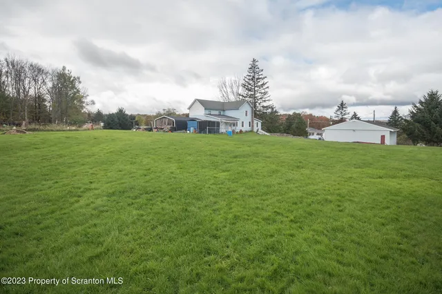 a view of a garden with a building in the background
