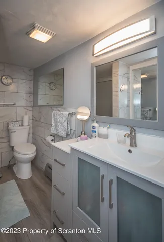a bathroom with a sink a toilet and mirror