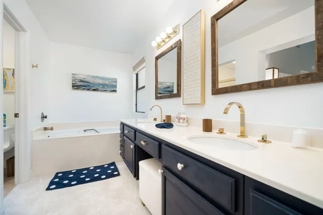 a bathroom with a tub sink and mirror