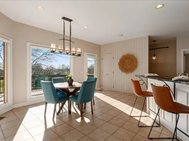 a view of a dining room with furniture window and outside view