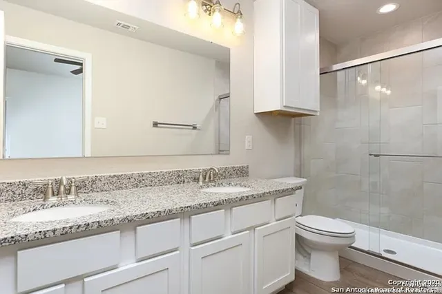 a bathroom with a granite countertop sink a toilet and a shower