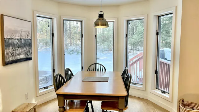 a dining room with furniture window and wooden floor