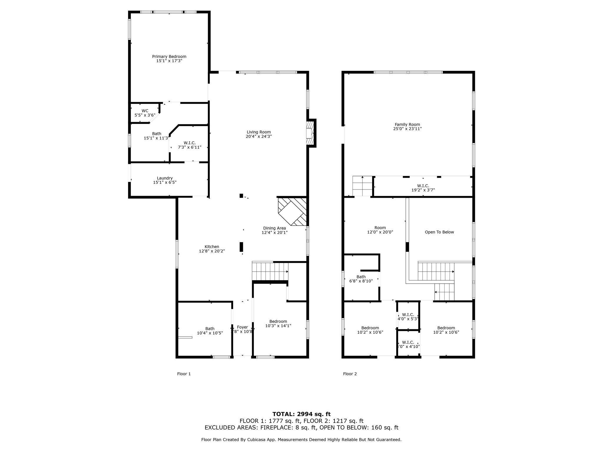35 Susan Drive Cleveland, TX 77327 - Photo 33 of 33 This floor plan showcases a spacious two-story home totaling 2,994 sq. ft. The first floor features a large kitchen, dining area, living room, bedroom, bath, laundry, and a primary suite with a walk-in closet and bath. The second floor includes a family room, additional bedrooms, a bath, and an open area overlooking the main level.