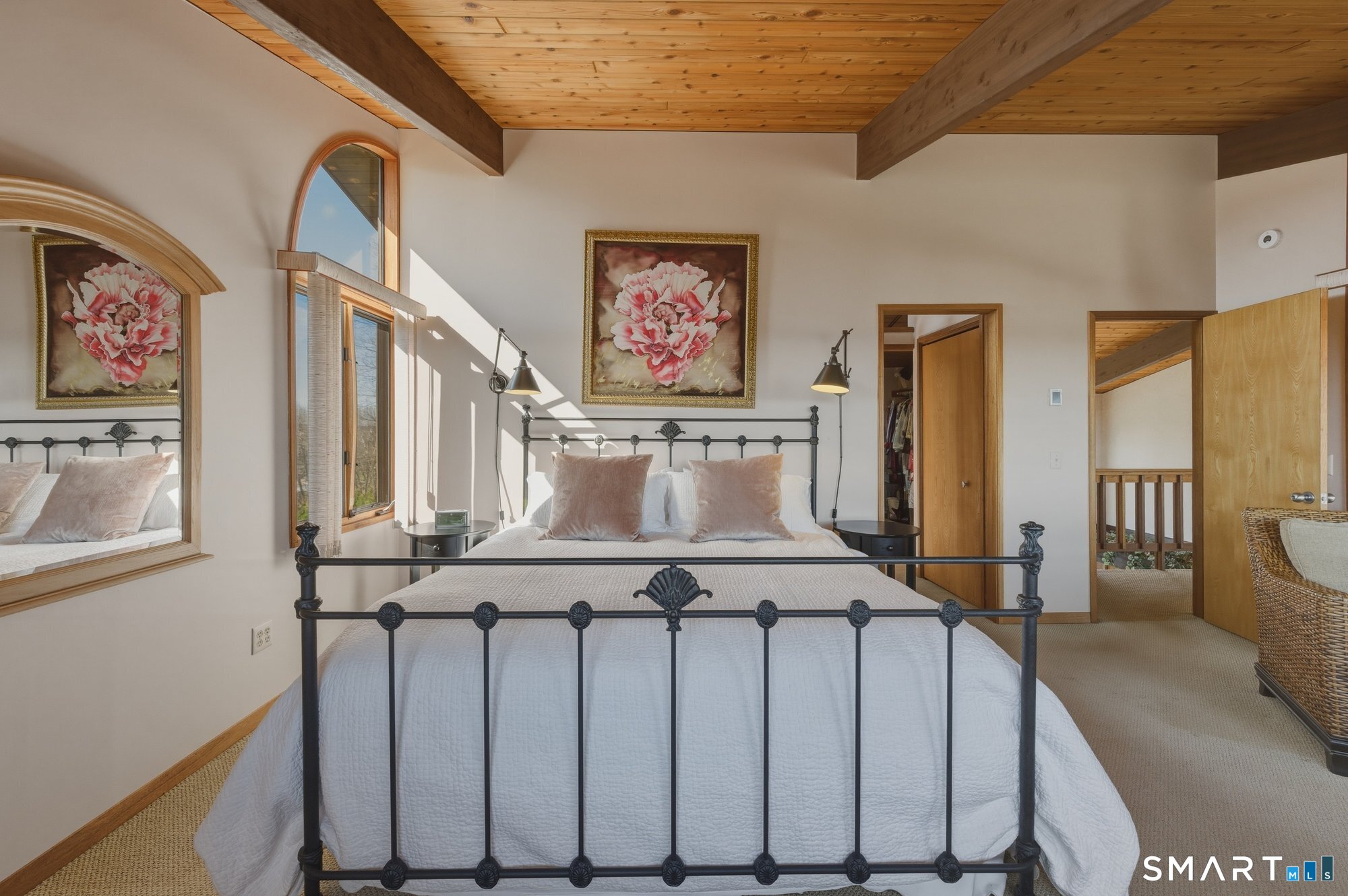 279 Mooreland Road Berlin, CT 06037 - Photo 15 of 40 Primary bedroom suite. Features cathedral cedar ceiling with tongue and groove detailing and beams. Sunrise and sunset vista views from bedroom!