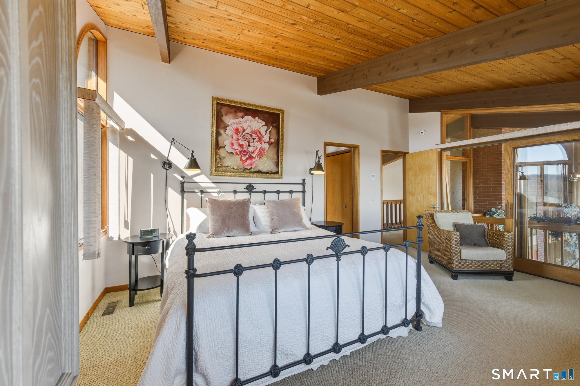 279 Mooreland Road Berlin, CT 06037 - Photo 17 of 40 Primary bedroom suite. Features cathedral cedar ceiling with tongue and groove detailing and beams. Sunrise and sunset vista views from bedroom!