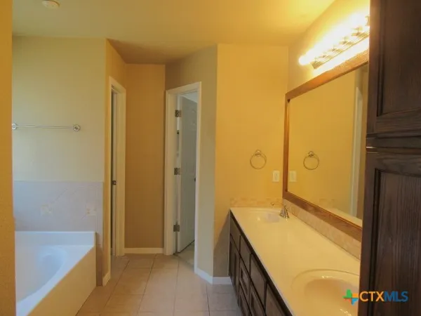 a bathroom with a tub sink and mirror