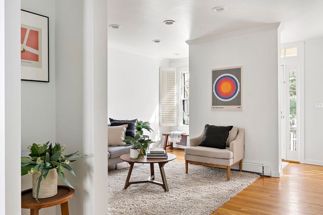 a living room with furniture and a potted plant