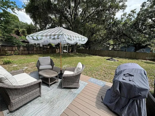 a view of backyard with seating space