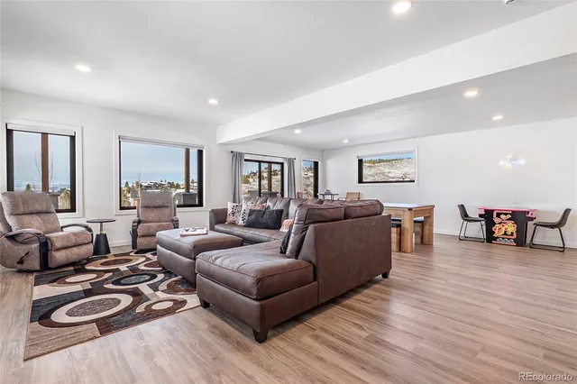 a living room with furniture a couch and wooden floor