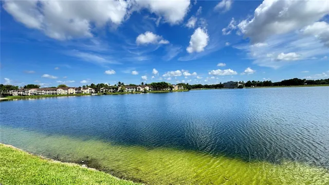 a view of a lake with houses in the background