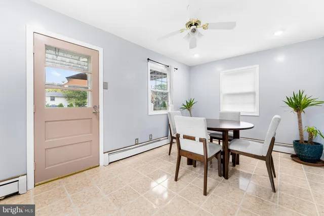 a view of a dining room with furniture and window