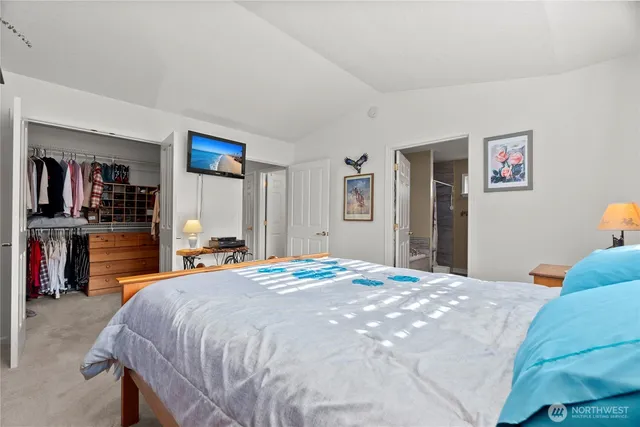 a bedroom with a bed and a closet