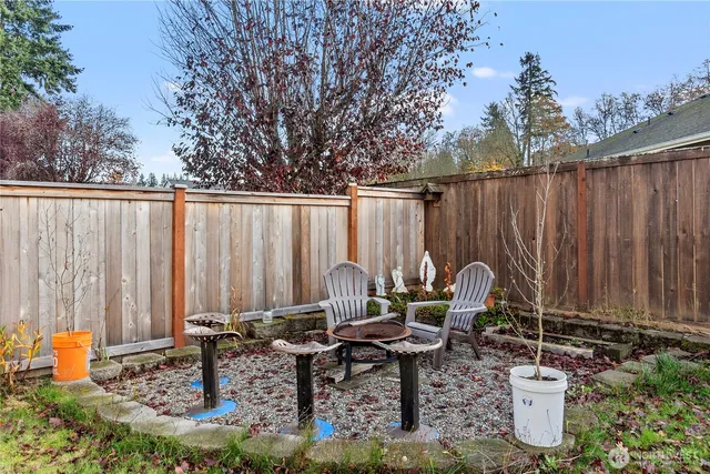 a backyard of a house with table and chairs