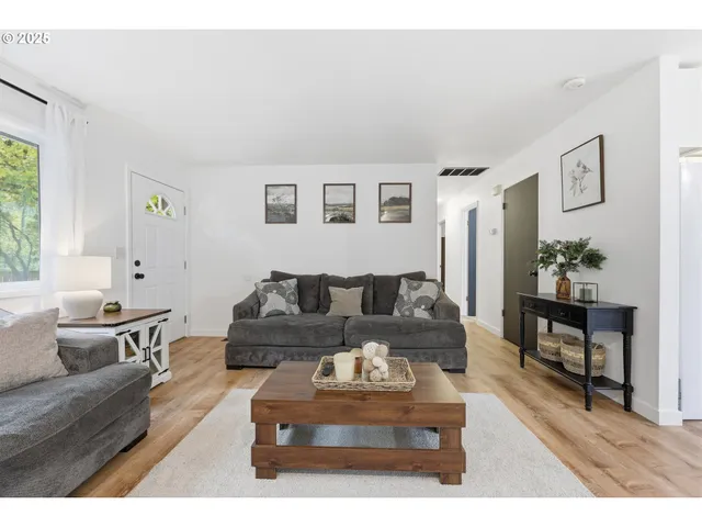 a living room with furniture and a potted plant