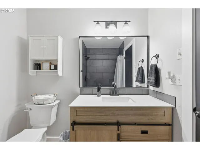 a bathroom with a sink a toilet and mirror