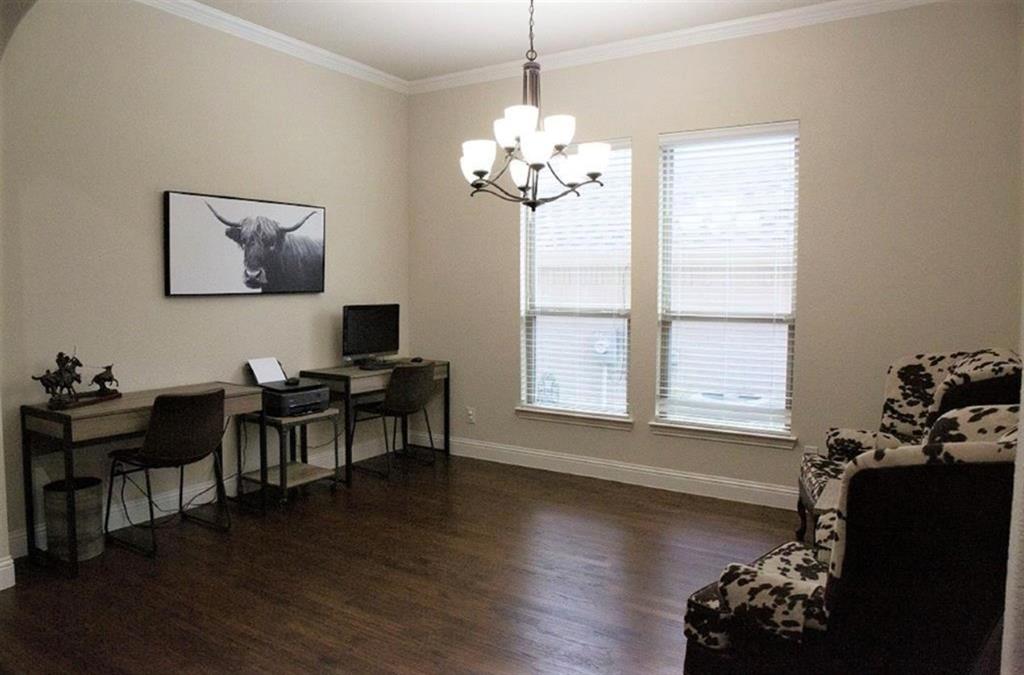 421 Prairie Run Aledo, TX 76008 - Photo 4 of 19 Office with a chandelier, dark wood-style flooring, and ornamental molding
